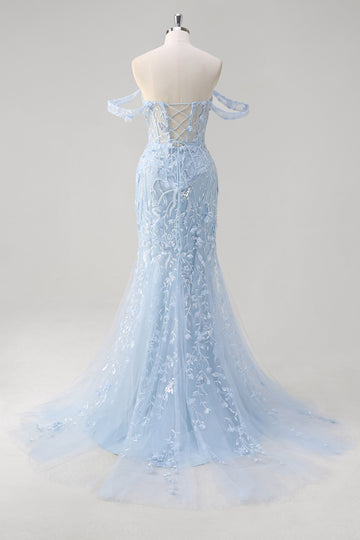 Blue Mermaid Off the Shoulder Sequin Floral Corset Prom Dress